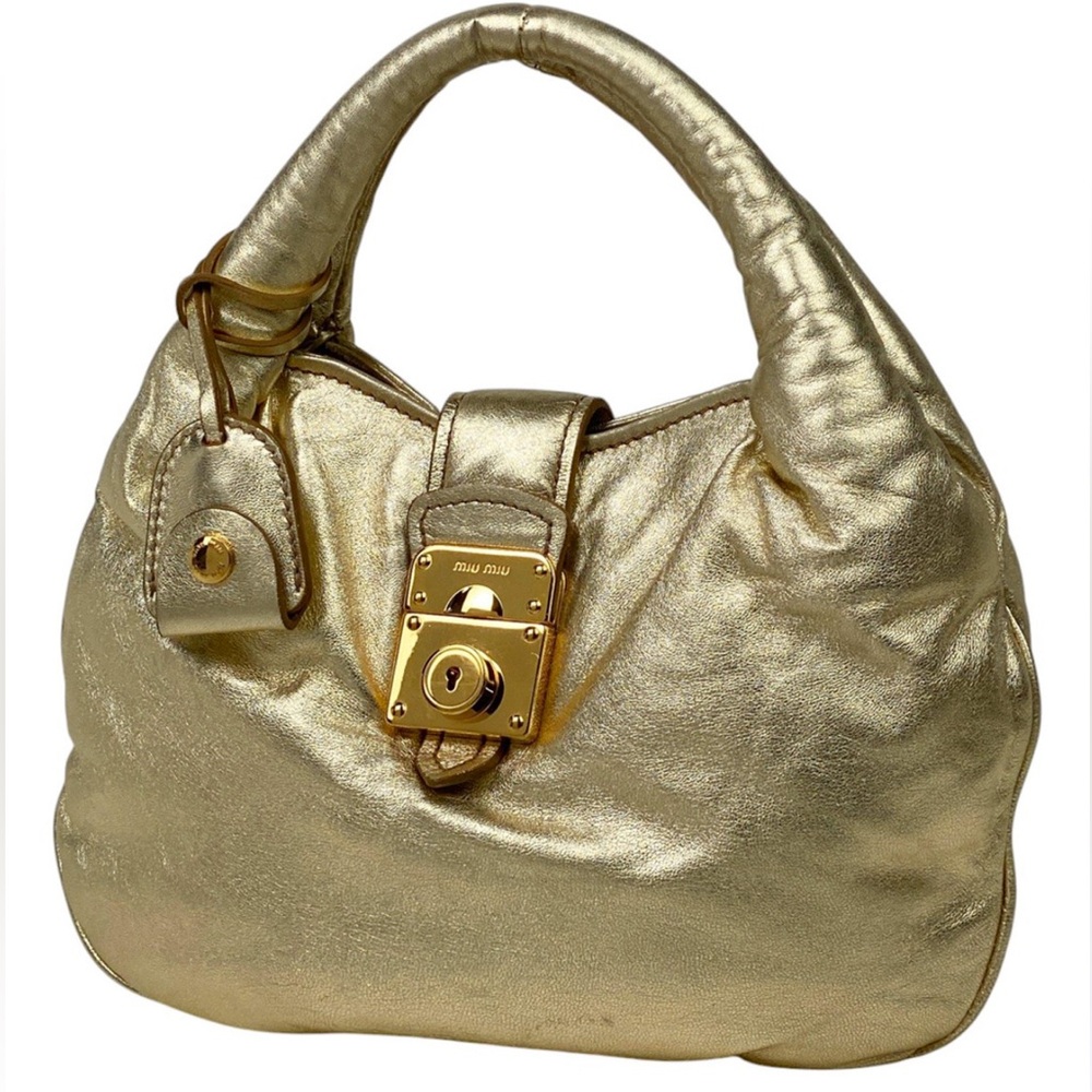 Auth MUI MUI Elegant Gold Y2K mini hobo leather Women's Handbag RARE vintage - Picture 2 of 14